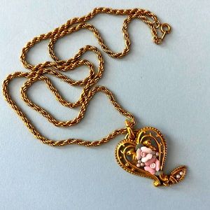 VTG Costume Necklace With Pink & White Roses gold chain 24” king
